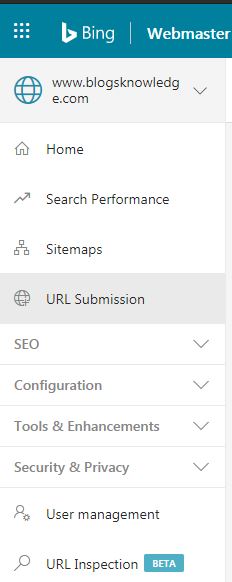 Bing webmaster tabs