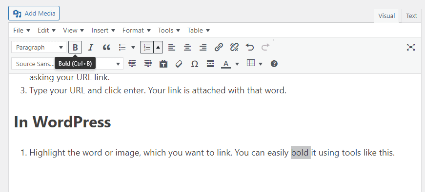 Bold Text in wordpress