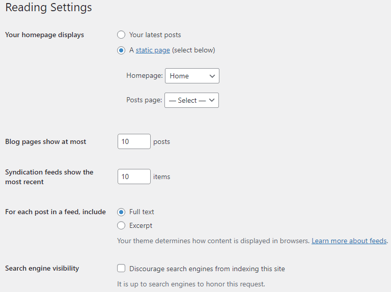 WordPress reading setting